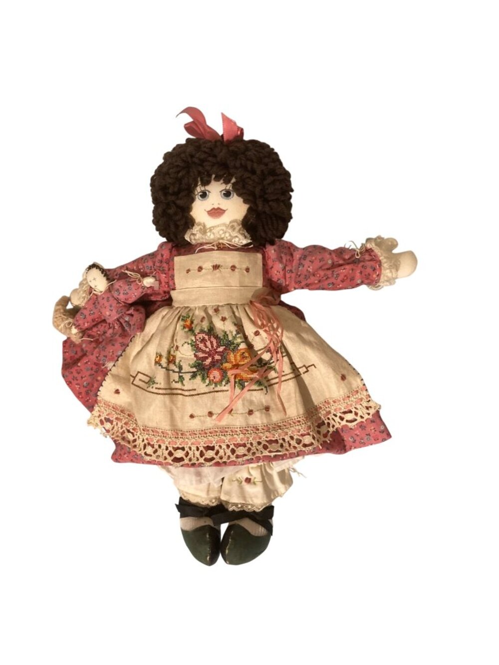 Vintage Cloth Rag Doll With Embroidered Apron Handmade By Eve Marcel